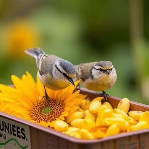Tits feeding from tray of sunflower hearts