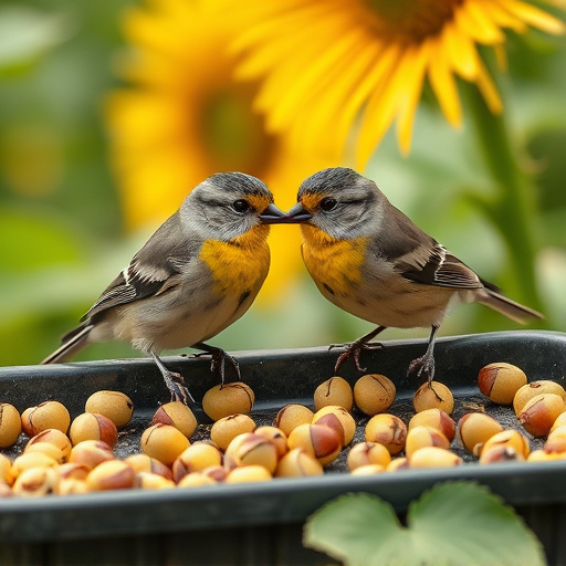 Tits feeding from tray of sunflower hearts