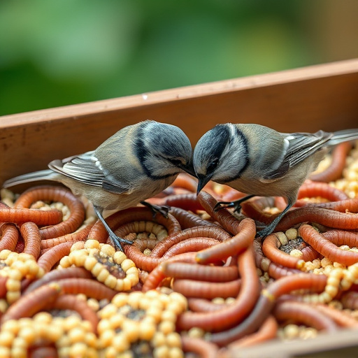 Tits feeding on mealworms in tray