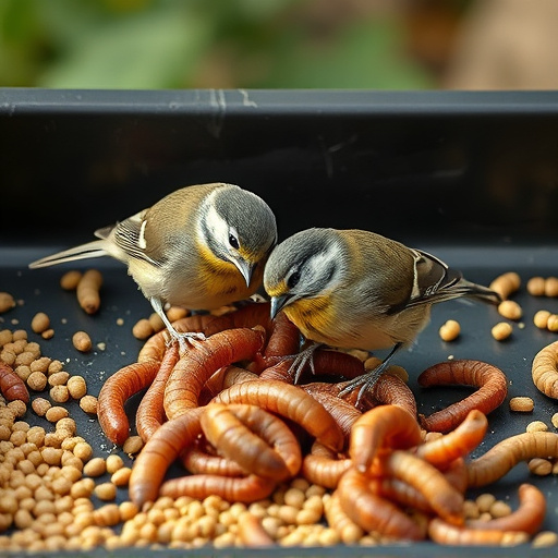 Tits feeding on mealworms in tray
