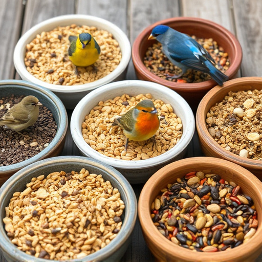 Variety of bird seed in bowls