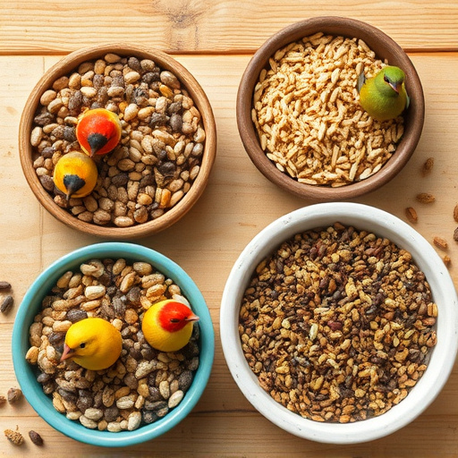 Variety of bird seed in bowls