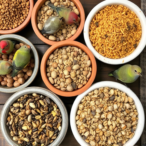 Variety of bird seed in bowls