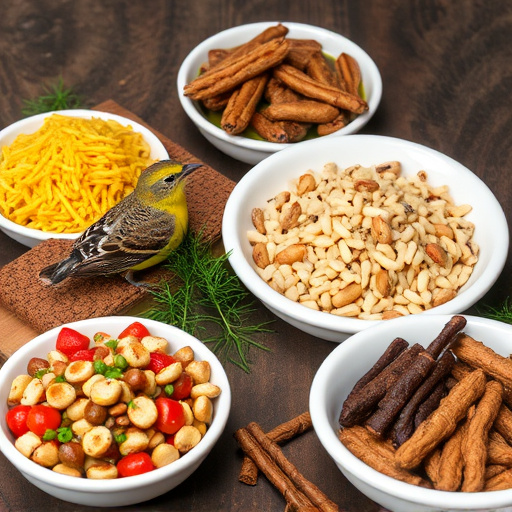Variety of wild bird food in dishes