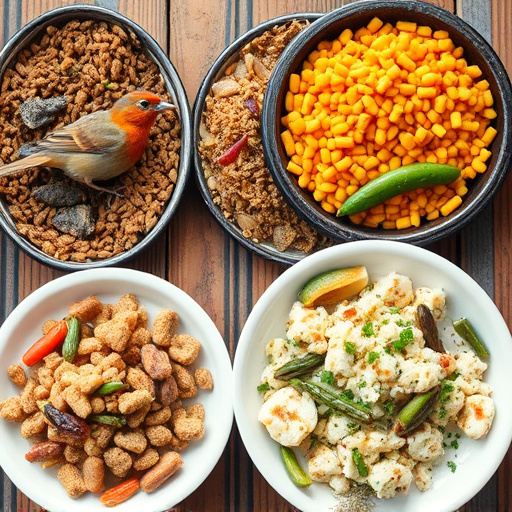 Variety of wild bird food in dishes
