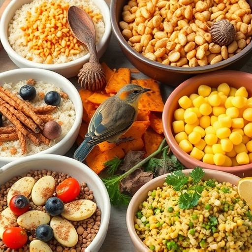 Variety of wild bird food in dishes