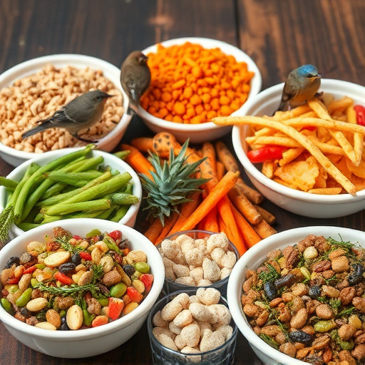 Variety of wild bird food in dishes