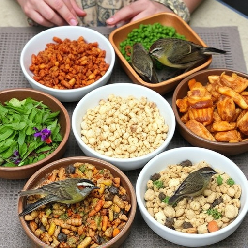 Variety of wild bird food in dishes