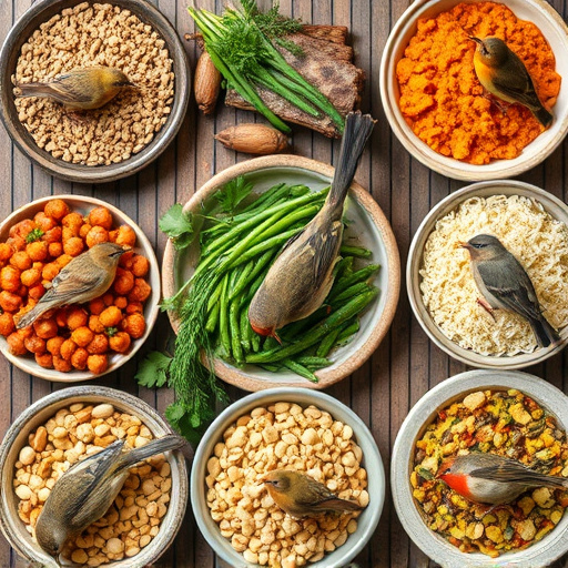 Variety of wild bird food in dishes