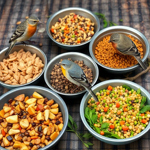 Variety of wild bird food in dishes