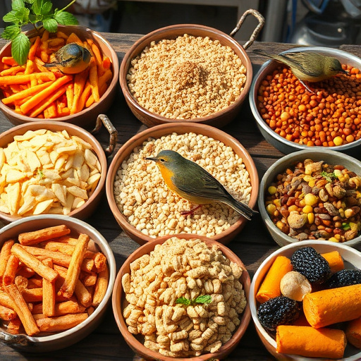 Variety of wild bird food in dishes