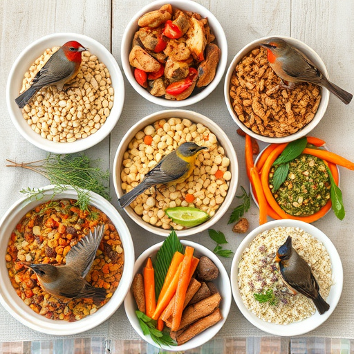 Variety of wild bird food in dishes