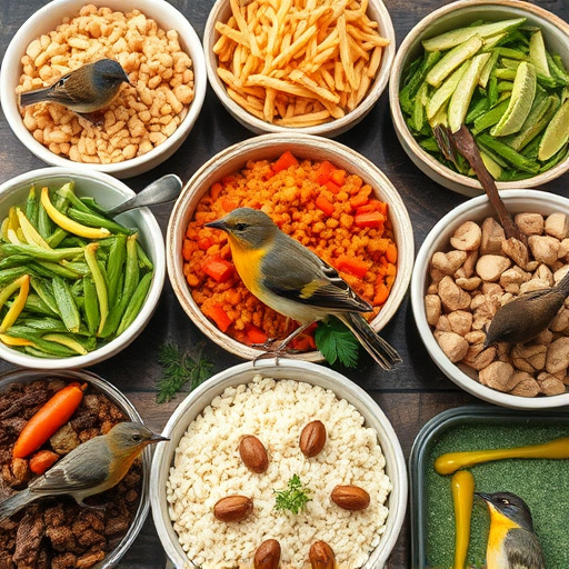 Variety of wild bird food in dishes