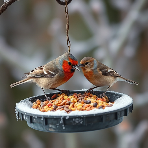 Winter bird food on frosty bird table