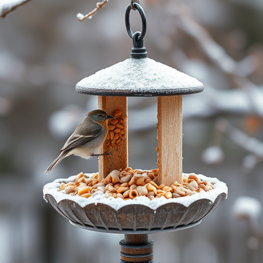 Winter bird food on frosty bird table