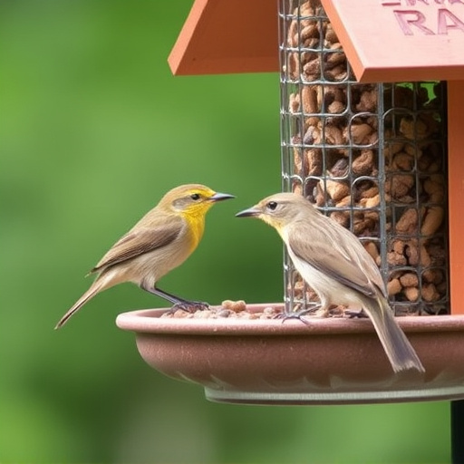 Wrens eating from hanging seed feeder