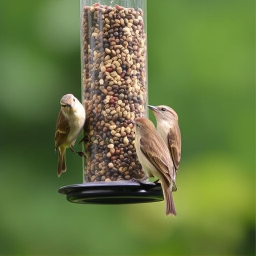 Wrens eating from hanging seed feeder