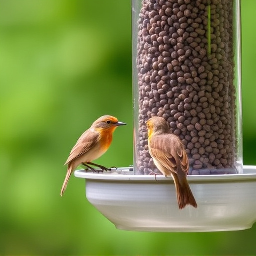 Wrens eating from hanging seed feeder
