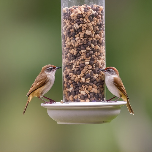 Wrens eating from hanging seed feeder