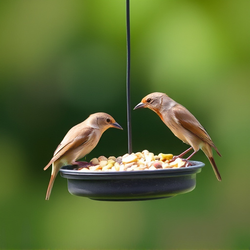 Wrens eating from hanging seed feeder