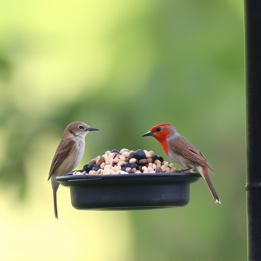 Wrens eating from hanging seed feeder