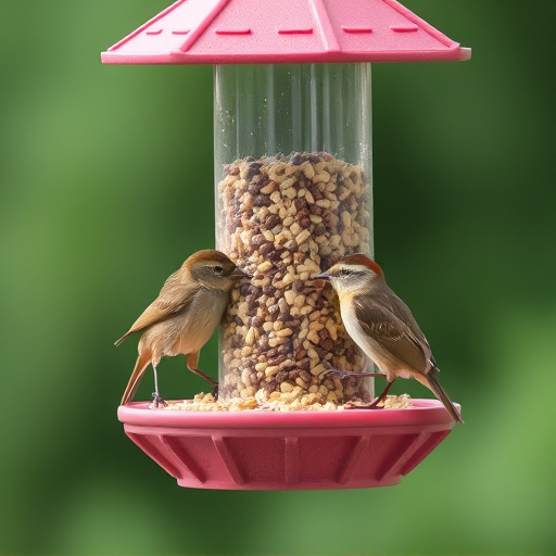Wrens eating from hanging seed feeder