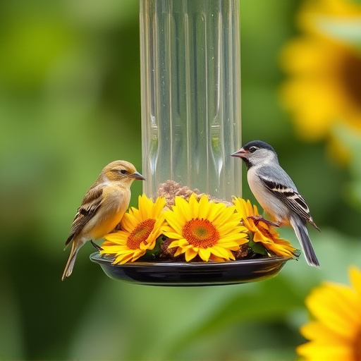 Birds feeding on sunflower hearts feeder