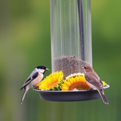 Birds feeding on sunflower hearts feeder