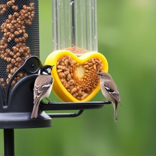 Birds feeding on sunflower hearts feeder