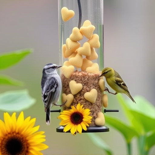 Birds feeding on sunflower hearts feeder