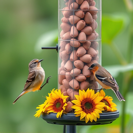 Birds feeding on sunflower hearts feeder