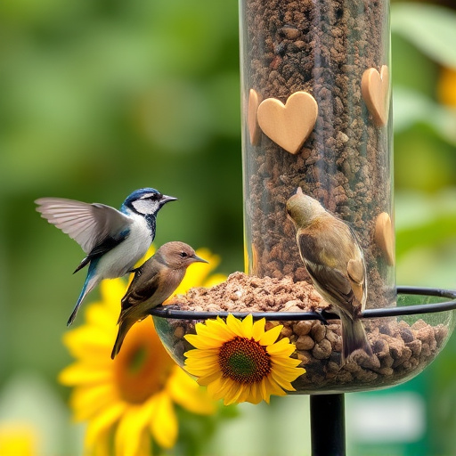 Birds feeding on sunflower hearts feeder