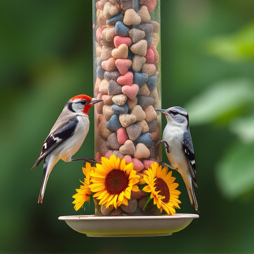 Birds feeding on sunflower hearts feeder