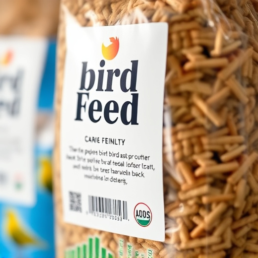 Close-up of labelled bird feed packaging