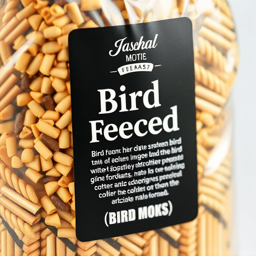 Close-up of labelled bird feed packaging