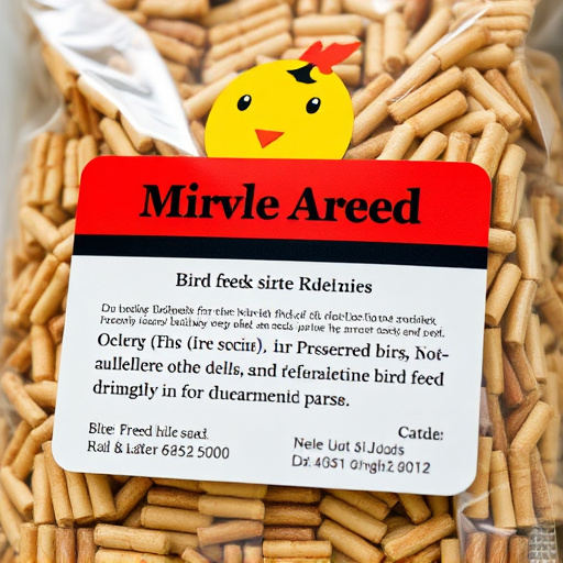 Close-up of labelled bird feed packaging