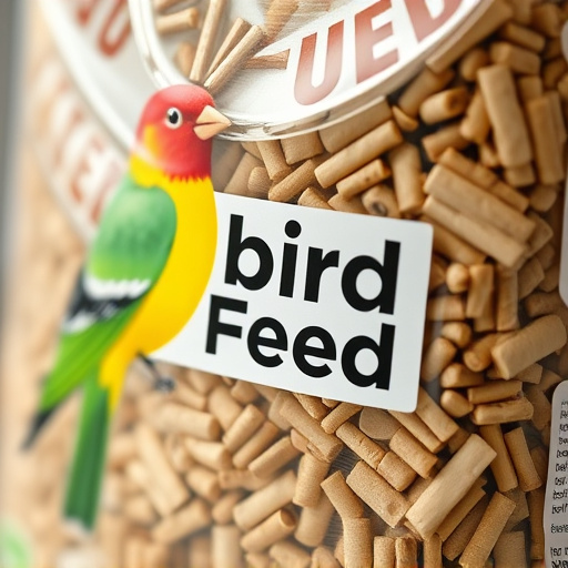 Close-up of labelled bird feed packaging