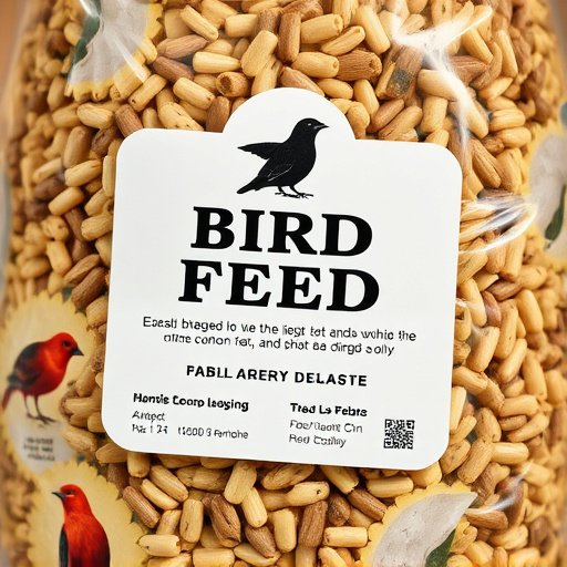 Close-up of labelled bird feed packaging
