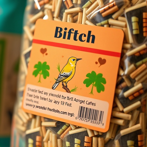 Close-up of labelled bird feed packaging