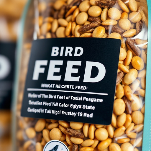 Close-up of labelled bird feed packaging