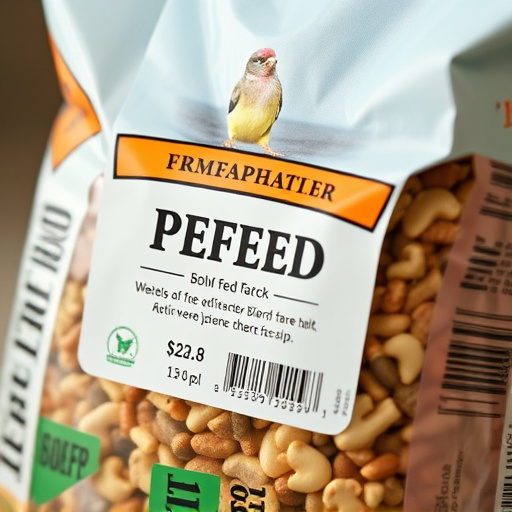 Close-up of labelled bird feed packaging