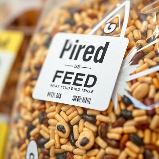 Close-up of labelled bird feed packaging