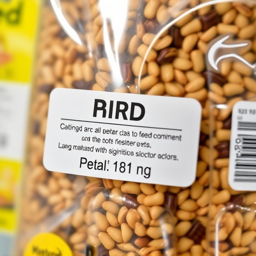 Close-up of labelled bird feed packaging