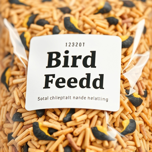 Close-up of labelled bird feed packaging