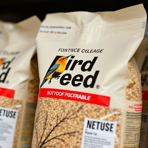 Close-up of labelled bird feed packaging