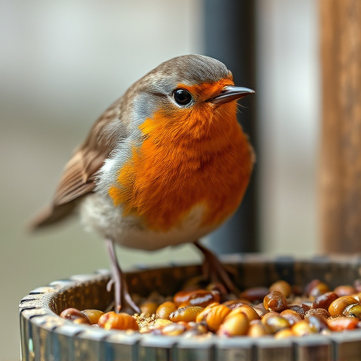 Close-up of robin near mealworm tray
