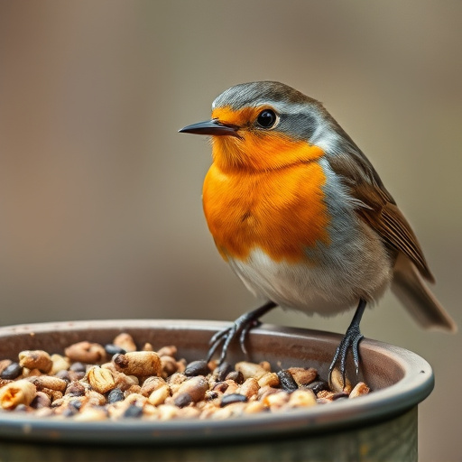 Close-up of robin near mealworm tray