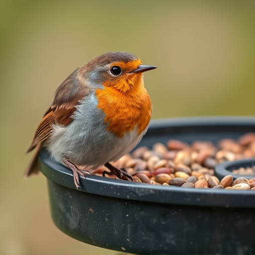 Close-up of robin near mealworm tray