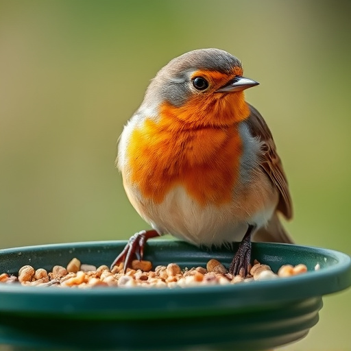 Close-up of robin near mealworm tray