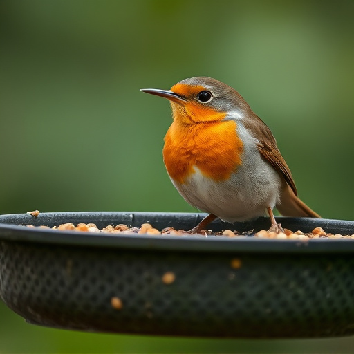 Close-up of robin near mealworm tray